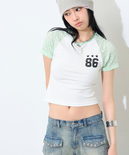 WHO'S WHO gallery(フーズフーギャラリー)の「【WEB限定】ラグラン袖レースナンバリングTEE(Tシャツ/カットソー・レディース・ブラック/ミント/オフホワイト・FREE)」の4枚目の写真