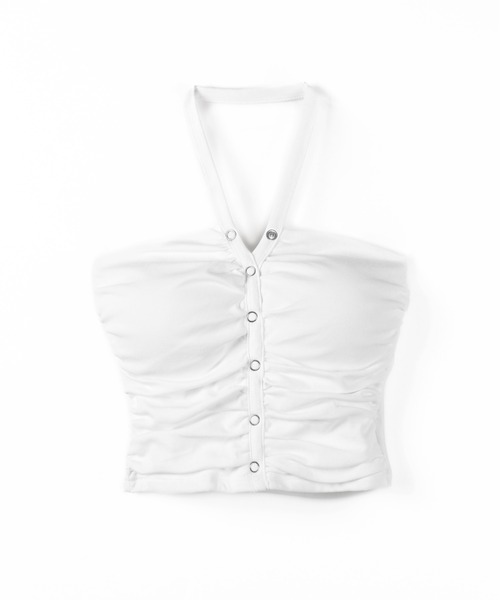 me+em select(ミームセレクト)の「【 2color 】ホルターネックスナップボタンギャザーベアトップ / halter neck snap button gathered bare top(チューブトップ・レディース・ホワイト/ブラック・FREE)」の21枚目の写真