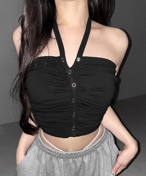 me+em select(ミームセレクト)の「【 2color 】ホルターネックスナップボタンギャザーベアトップ / halter neck snap button gathered bare top(チューブトップ・レディース・ホワイト/ブラック・FREE)」の10枚目の写真