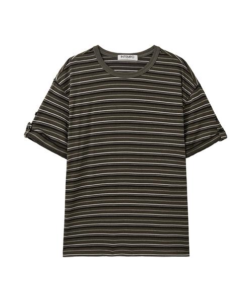 INTEMPOMOOD(インテンポムード)の「ロールアップボタンストライプTシャツ : 2カラー(Tシャツ/カットソー・メンズ・ホワイト/カーキ・MEDIUM/LARGE)」の1枚目の写真