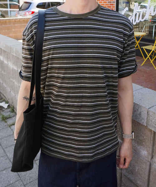 INTEMPOMOOD(インテンポムード)の「ロールアップボタンストライプTシャツ : 2カラー(Tシャツ/カットソー・メンズ・ホワイト/カーキ・MEDIUM/LARGE)」の21枚目の写真