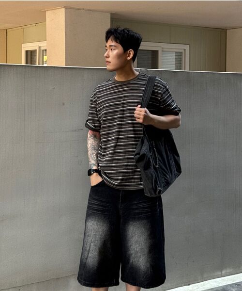 INTEMPOMOOD(インテンポムード)の「ロールアップボタンストライプTシャツ : 2カラー(Tシャツ/カットソー・メンズ・ホワイト/カーキ・MEDIUM/LARGE)」の8枚目の写真