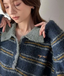 メンズライクに女子っぽさを。胸刺繍ブークレ配色ボーダーニットポロ(長袖)