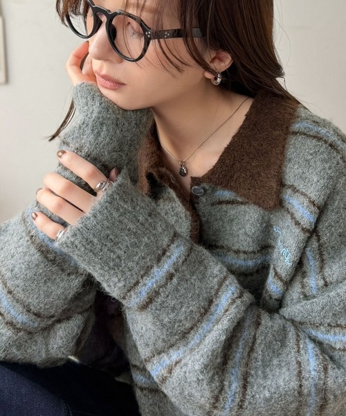 classicalelf(クラシカルエルフ)の「メンズライクに女子っぽさを。胸刺繍ブークレ配色ボーダーニットポロ(長袖)(ニット/セーター・レディース・ブラウン/グレー/アイボリー/ネイビー・SMALL/X-LARGE/LARGE/MEDIUM)」の2枚目の写真