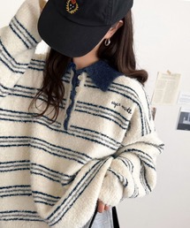 メンズライクに女子っぽさを。胸刺繍ブークレ配色ボーダーニットポロ(長袖)