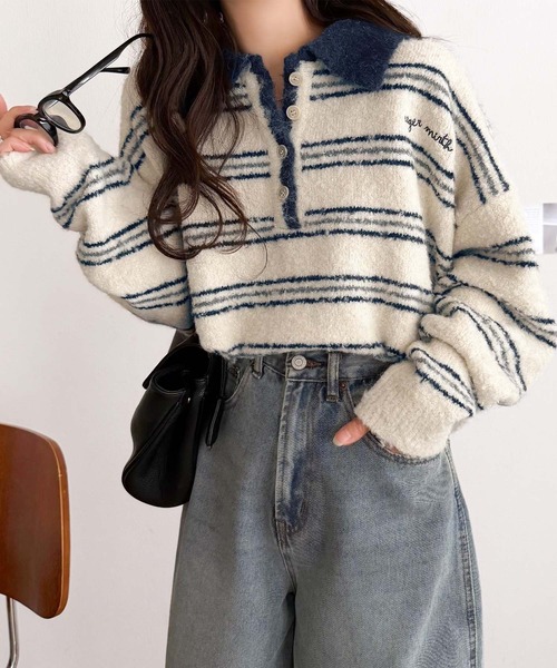 classicalelf(クラシカルエルフ)の「メンズライクに女子っぽさを。胸刺繍ブークレ配色ボーダーニットポロ(長袖)(ニット/セーター・レディース・ブラウン/グレー/アイボリー/ネイビー・SMALL/X-LARGE/LARGE/MEDIUM)」の8枚目の写真