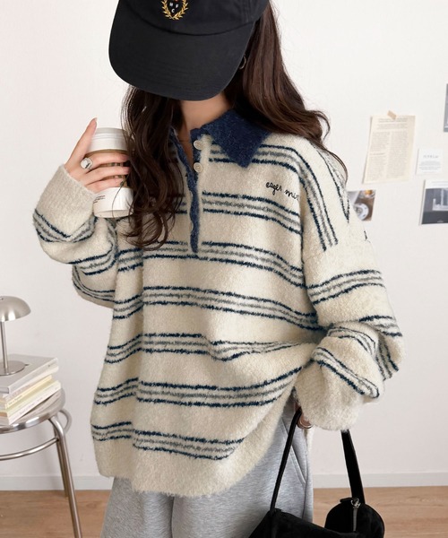 classicalelf(クラシカルエルフ)の「メンズライクに女子っぽさを。胸刺繍ブークレ配色ボーダーニットポロ(長袖)(ニット/セーター・レディース・ブラウン/グレー/アイボリー/ネイビー・SMALL/X-LARGE/LARGE/MEDIUM)」の11枚目の写真