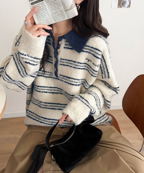 classicalelf(クラシカルエルフ)の「メンズライクに女子っぽさを。胸刺繍ブークレ配色ボーダーニットポロ(長袖)(ニット/セーター・レディース・ブラウン/グレー/アイボリー/ネイビー・SMALL/X-LARGE/LARGE/MEDIUM)」の14枚目の写真
