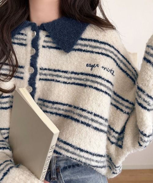 classicalelf(クラシカルエルフ)の「メンズライクに女子っぽさを。胸刺繍ブークレ配色ボーダーニットポロ(長袖)(ニット/セーター・レディース・ブラウン/グレー/アイボリー/ネイビー・SMALL/X-LARGE/LARGE/MEDIUM)」の7枚目の写真