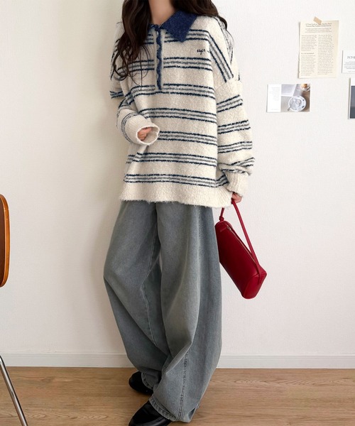classicalelf(クラシカルエルフ)の「メンズライクに女子っぽさを。胸刺繍ブークレ配色ボーダーニットポロ(長袖)(ニット/セーター・レディース・ブラウン/グレー/アイボリー/ネイビー・SMALL/X-LARGE/LARGE/MEDIUM)」の13枚目の写真