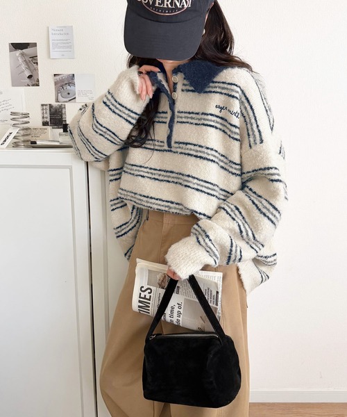 classicalelf(クラシカルエルフ)の「メンズライクに女子っぽさを。胸刺繍ブークレ配色ボーダーニットポロ(長袖)(ニット/セーター・レディース・ブラウン/グレー/アイボリー/ネイビー・SMALL/X-LARGE/LARGE/MEDIUM)」の15枚目の写真