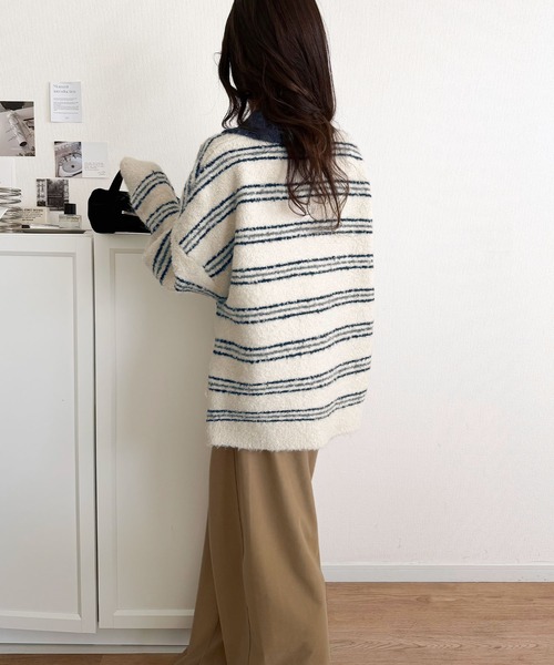 classicalelf(クラシカルエルフ)の「メンズライクに女子っぽさを。胸刺繍ブークレ配色ボーダーニットポロ(長袖)(ニット/セーター・レディース・ブラウン/グレー/アイボリー/ネイビー・SMALL/X-LARGE/LARGE/MEDIUM)」の16枚目の写真