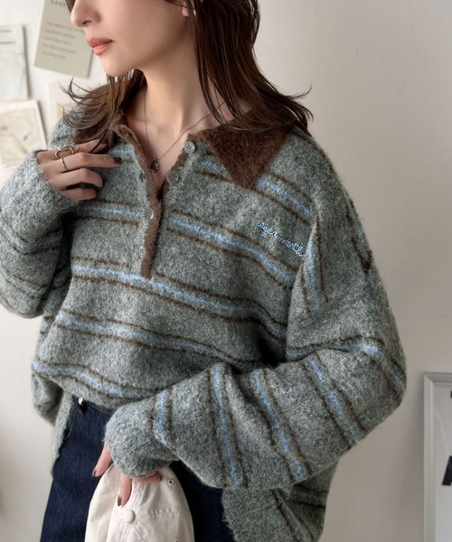 classicalelf(クラシカルエルフ)の「メンズライクに女子っぽさを。胸刺繍ブークレ配色ボーダーニットポロ(長袖)(ニット/セーター・レディース・ブラウン/グレー/アイボリー/ネイビー・SMALL/X-LARGE/LARGE/MEDIUM)」の18枚目の写真