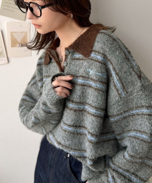 classicalelf(クラシカルエルフ)の「メンズライクに女子っぽさを。胸刺繍ブークレ配色ボーダーニットポロ(長袖)(ニット/セーター・レディース・ブラウン/グレー/アイボリー/ネイビー・SMALL/X-LARGE/LARGE/MEDIUM)」の20枚目の写真