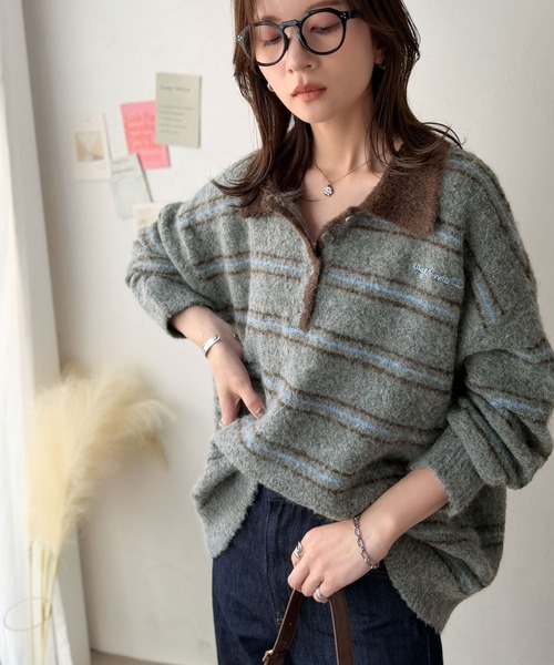 classicalelf(クラシカルエルフ)の「メンズライクに女子っぽさを。胸刺繍ブークレ配色ボーダーニットポロ(長袖)(ニット/セーター・レディース・ブラウン/グレー/アイボリー/ネイビー・SMALL/X-LARGE/LARGE/MEDIUM)」の22枚目の写真