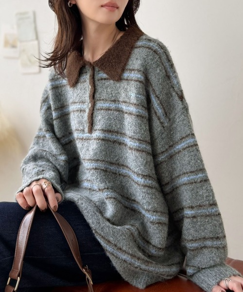 classicalelf(クラシカルエルフ)の「メンズライクに女子っぽさを。胸刺繍ブークレ配色ボーダーニットポロ(長袖)(ニット/セーター・レディース・ブラウン/グレー/アイボリー/ネイビー・SMALL/X-LARGE/LARGE/MEDIUM)」の21枚目の写真