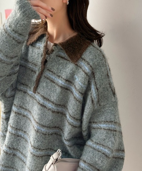 classicalelf(クラシカルエルフ)の「メンズライクに女子っぽさを。胸刺繍ブークレ配色ボーダーニットポロ(長袖)(ニット/セーター・レディース・ブラウン/グレー/アイボリー/ネイビー・SMALL/X-LARGE/LARGE/MEDIUM)」の19枚目の写真