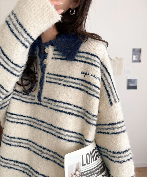 classicalelf(クラシカルエルフ)の「メンズライクに女子っぽさを。胸刺繍ブークレ配色ボーダーニットポロ(長袖)(ニット/セーター・レディース・ブラウン/グレー/アイボリー/ネイビー・SMALL/X-LARGE/LARGE/MEDIUM)」の5枚目の写真