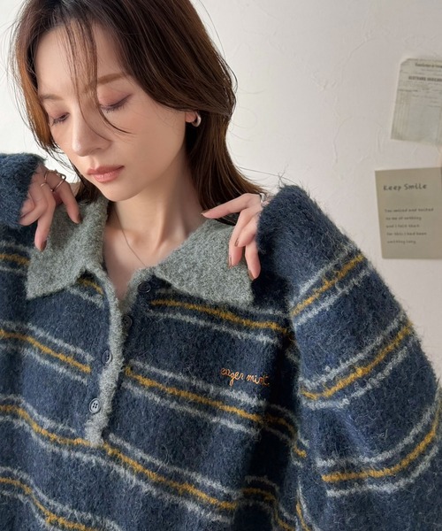 classicalelf(クラシカルエルフ)の「メンズライクに女子っぽさを。胸刺繍ブークレ配色ボーダーニットポロ(長袖)(ニット/セーター・レディース・ブラウン/グレー/アイボリー/ネイビー・SMALL/X-LARGE/LARGE/MEDIUM)」の6枚目の写真