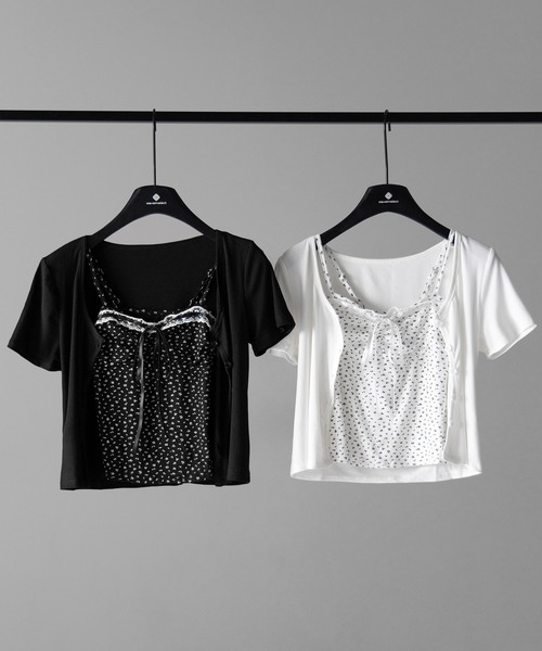 me+em select(ミームセレクト)の「【 2点セット 】小花柄レースリボンキャミソール + カーディガンセット / mini flower lace ribbon camisole + cardigan SET(アンサンブル・レディース・ホワイト/ブラック・FREE)」の4枚目の写真