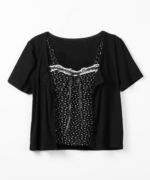 me+em select(ミームセレクト)の「【 2点セット 】小花柄レースリボンキャミソール + カーディガンセット / mini flower lace ribbon camisole + cardigan SET(アンサンブル・レディース・ホワイト/ブラック・FREE)」の3枚目の写真