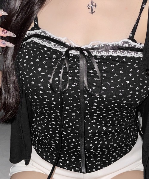me+em select(ミームセレクト)の「【 2点セット 】小花柄レースリボンキャミソール + カーディガンセット / mini flower lace ribbon camisole + cardigan SET(アンサンブル・レディース・ホワイト/ブラック・FREE)」の7枚目の写真