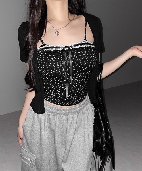 me+em select(ミームセレクト)の「【 2点セット 】小花柄レースリボンキャミソール + カーディガンセット / mini flower lace ribbon camisole + cardigan SET(アンサンブル・レディース・ホワイト/ブラック・FREE)」の15枚目の写真