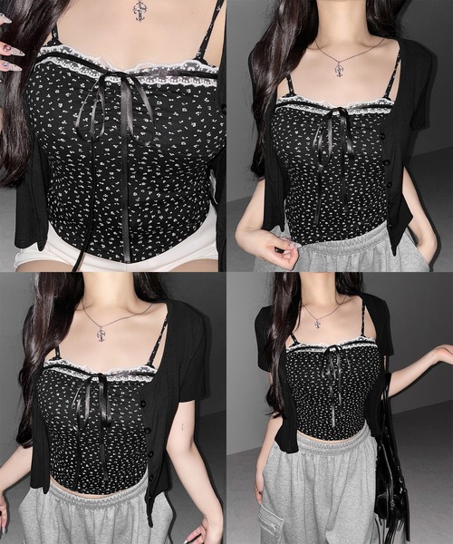 me+em select(ミームセレクト)の「【 2点セット 】小花柄レースリボンキャミソール + カーディガンセット / mini flower lace ribbon camisole + cardigan SET(アンサンブル・レディース・ホワイト/ブラック・FREE)」の5枚目の写真