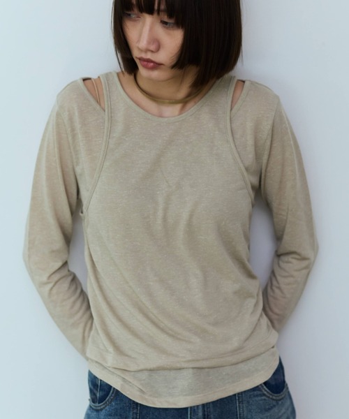 flaeu（フラユ）の「Slub Layered Pullover（Tシャツ/カットソー・レディース・ベージュ/チャコールグレー・FREE）」の2枚目の写真
