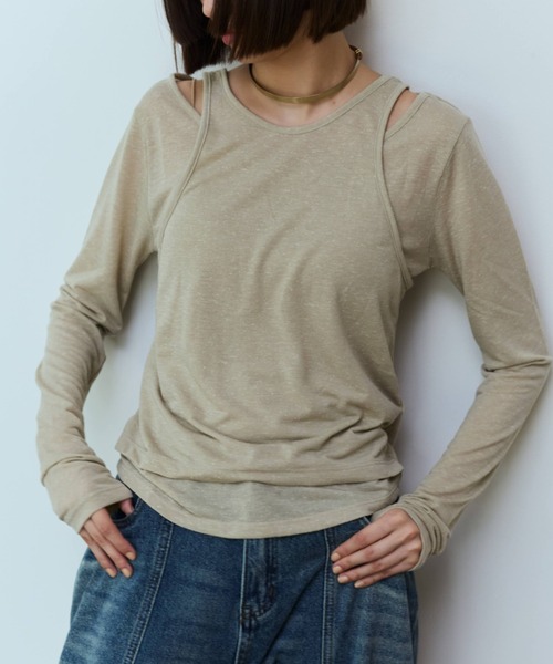 flaeu（フラユ）の「Slub Layered Pullover（Tシャツ/カットソー・レディース・ベージュ/チャコールグレー・FREE）」の11枚目の写真