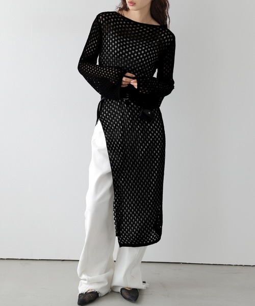 CURA CLOSET(キュラ クローゼット)の「透かし編みロングニットワンピース/体型カバー/アレンジ自在(ワンピース・レディース・ホワイト/ライム/ブラック/ブラウン・フリー)」の3枚目の写真