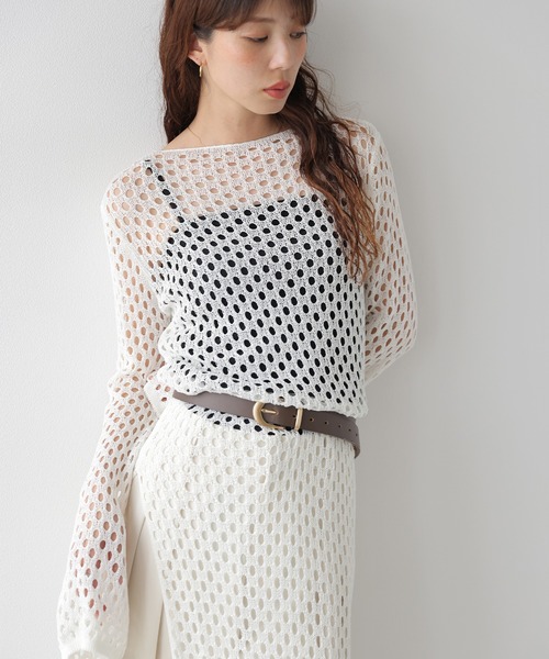 CURA CLOSET(キュラ クローゼット)の「透かし編みロングニットワンピース/体型カバー/アレンジ自在(ワンピース・レディース・ホワイト/ライム/ブラック/ブラウン・フリー)」の20枚目の写真