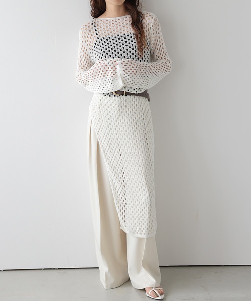 CURA CLOSET(キュラ クローゼット)の「透かし編みロングニットワンピース/体型カバー/アレンジ自在(ワンピース・レディース・ホワイト/ライム/ブラック/ブラウン・フリー)」の22枚目の写真