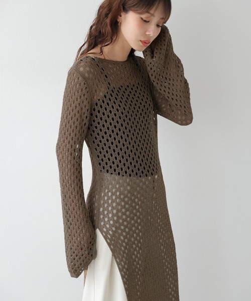 CURA CLOSET(キュラ クローゼット)の「透かし編みロングニットワンピース/体型カバー/アレンジ自在(ワンピース・レディース・ホワイト/ライム/ブラック/ブラウン・フリー)」の15枚目の写真