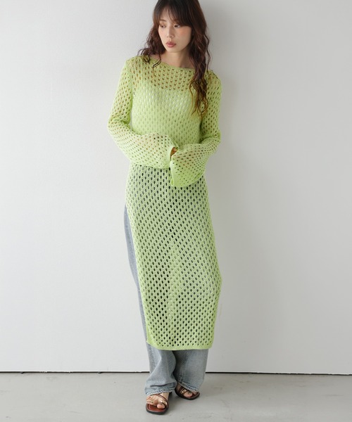 CURA CLOSET(キュラ クローゼット)の「透かし編みロングニットワンピース/体型カバー/アレンジ自在(ワンピース・レディース・ホワイト/ライム/ブラック/ブラウン・フリー)」の17枚目の写真