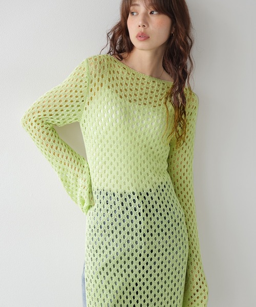 CURA CLOSET(キュラ クローゼット)の「透かし編みロングニットワンピース/体型カバー/アレンジ自在(ワンピース・レディース・ホワイト/ライム/ブラック/ブラウン・フリー)」の18枚目の写真