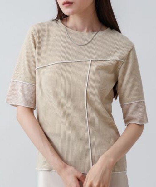 Bab(バブ)の「袖切り替えメローリブカットソー(Tシャツ/カットソー・レディース・ベージュ/イエロー・MEDIUM)」の1枚目の写真