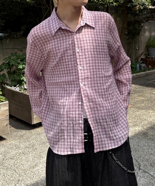 Never mind the XU / Chikashitsu+(ネバーマインド ザ エックスユー / チカシツプラス)の「sheer check shirt (3color) / シアーチェック長袖シャツ(シャツ/ブラウス・メンズ・グレー/ピンク/ブラック・ONE SIZE)」の3枚目の写真