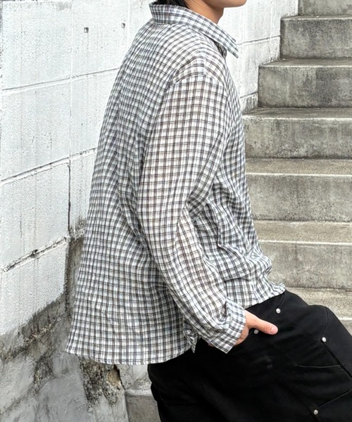 Never mind the XU / Chikashitsu+(ネバーマインド ザ エックスユー / チカシツプラス)の「sheer check shirt (3color) / シアーチェック長袖シャツ(シャツ/ブラウス・メンズ・グレー/ピンク/ブラック・ONE SIZE)」の6枚目の写真