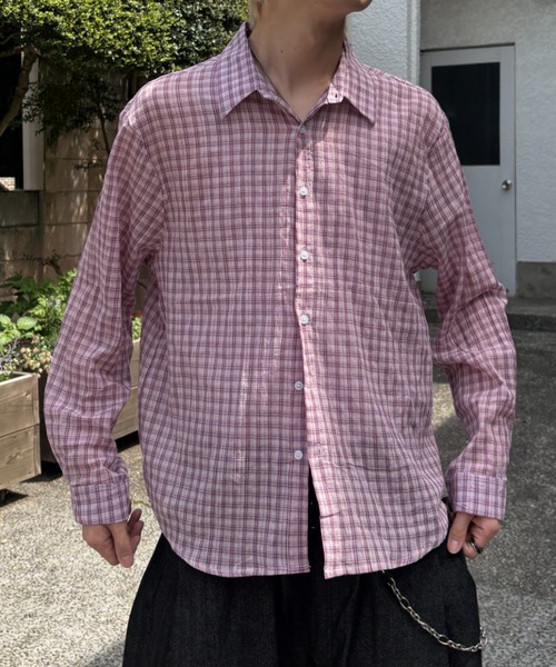 Never mind the XU / Chikashitsu+(ネバーマインド ザ エックスユー / チカシツプラス)の「sheer check shirt (3color) / シアーチェック長袖シャツ(シャツ/ブラウス・メンズ・グレー/ピンク/ブラック・ONE SIZE)」の7枚目の写真
