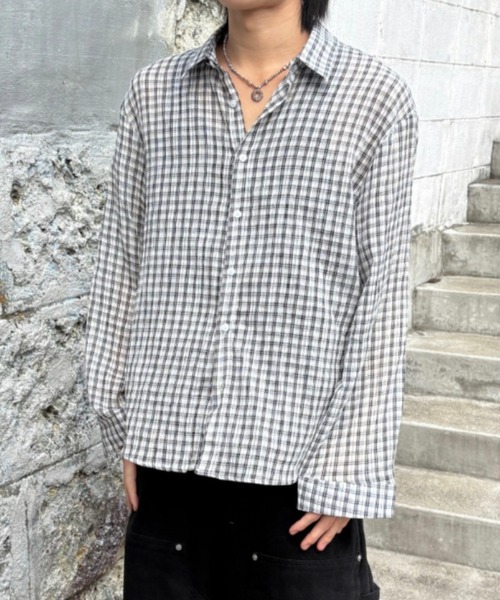 Never mind the XU / Chikashitsu+(ネバーマインド ザ エックスユー / チカシツプラス)の「sheer check shirt (3color) / シアーチェック長袖シャツ(シャツ/ブラウス・メンズ・グレー/ピンク/ブラック・ONE SIZE)」の15枚目の写真