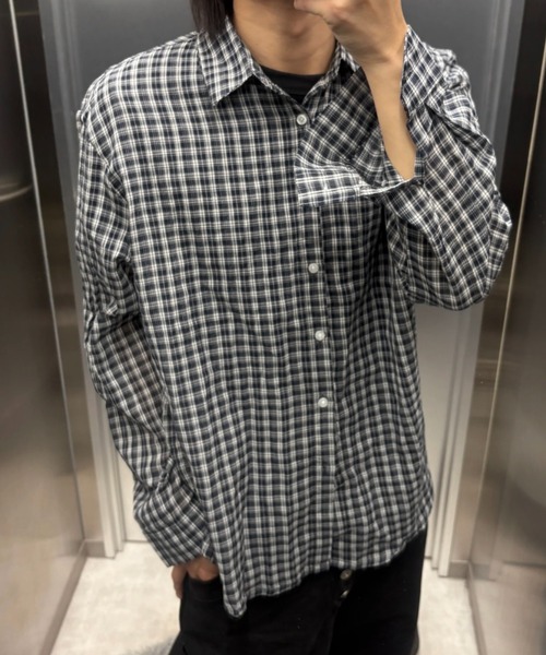 Never mind the XU / Chikashitsu+(ネバーマインド ザ エックスユー / チカシツプラス)の「sheer check shirt (3color) / シアーチェック長袖シャツ(シャツ/ブラウス・メンズ・グレー/ピンク/ブラック・ONE SIZE)」の12枚目の写真