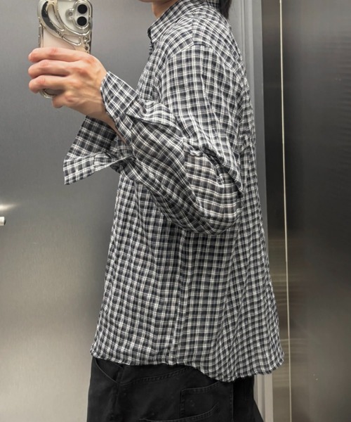 Never mind the XU / Chikashitsu+(ネバーマインド ザ エックスユー / チカシツプラス)の「sheer check shirt (3color) / シアーチェック長袖シャツ(シャツ/ブラウス・メンズ・グレー/ピンク/ブラック・ONE SIZE)」の14枚目の写真