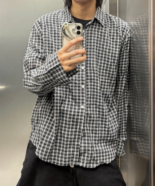 Never mind the XU / Chikashitsu+(ネバーマインド ザ エックスユー / チカシツプラス)の「sheer check shirt (3color) / シアーチェック長袖シャツ(シャツ/ブラウス・メンズ・グレー/ピンク/ブラック・ONE SIZE)」の13枚目の写真