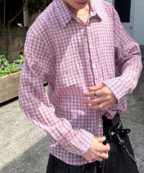 Never mind the XU / Chikashitsu+(ネバーマインド ザ エックスユー / チカシツプラス)の「sheer check shirt (3color) / シアーチェック長袖シャツ(シャツ/ブラウス・メンズ・グレー/ピンク/ブラック・ONE SIZE)」の5枚目の写真