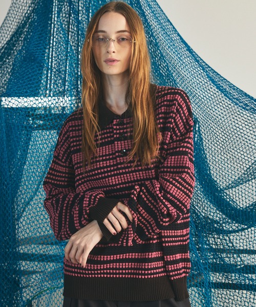 MAISON SPECIAL(メゾンスペシャル)の「《UNISEX》KASURI ONI Waffle Prime-Over Knit Polo Shirt/カスリ鬼ワッフルプライムオーバーニットポロシャツ【MAISON SPECIAL/メゾンスペシャル】(ニット/セーター・メンズ・ピンク/ブラック・2/1/0)」の2枚目の写真