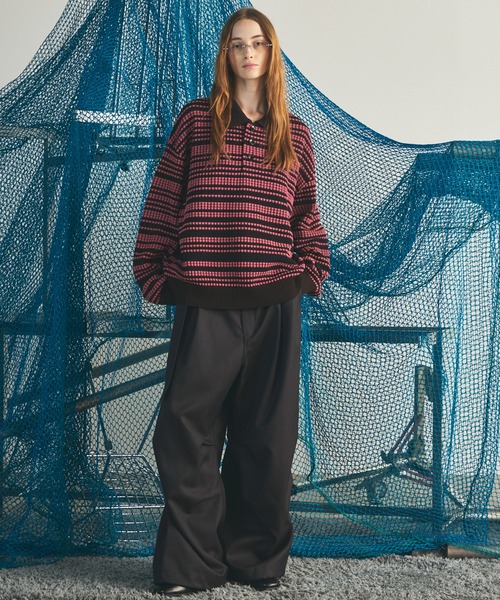 MAISON SPECIAL(メゾンスペシャル)の「《UNISEX》KASURI ONI Waffle Prime-Over Knit Polo Shirt/カスリ鬼ワッフルプライムオーバーニットポロシャツ【MAISON SPECIAL/メゾンスペシャル】(ニット/セーター・メンズ・ピンク/ブラック・2/1/0)」の3枚目の写真