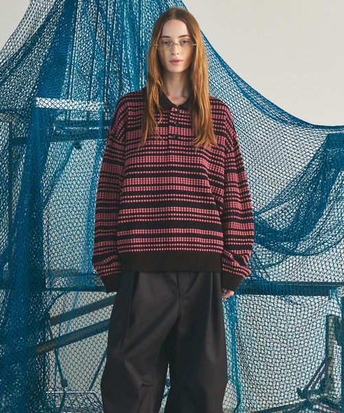 MAISON SPECIAL(メゾンスペシャル)の「《UNISEX》KASURI ONI Waffle Prime-Over Knit Polo Shirt/カスリ鬼ワッフルプライムオーバーニットポロシャツ【MAISON SPECIAL/メゾンスペシャル】(ニット/セーター・メンズ・ピンク/ブラック・2/1/0)」の9枚目の写真