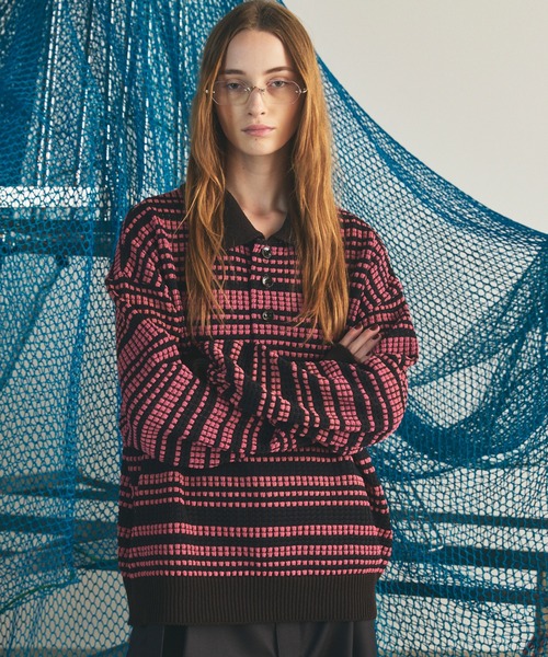 MAISON SPECIAL(メゾンスペシャル)の「《UNISEX》KASURI ONI Waffle Prime-Over Knit Polo Shirt/カスリ鬼ワッフルプライムオーバーニットポロシャツ【MAISON SPECIAL/メゾンスペシャル】(ニット/セーター・メンズ・ピンク/ブラック・2/1/0)」の12枚目の写真