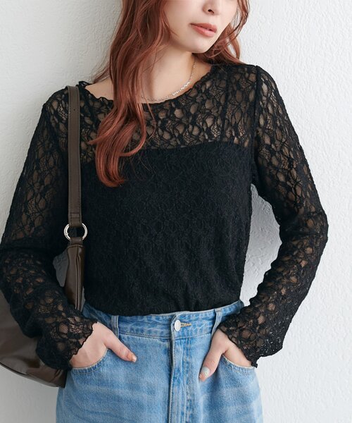 DISCOAT(ディスコート)の「【WEB限定】ストレッチレースメロウ長袖プルオーバー(Tシャツ/カットソー・レディース・アイボリー/ブラック/ブラウン・FREE)」の1枚目の写真